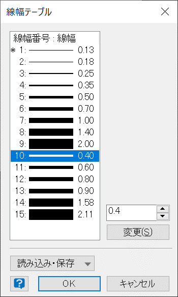 [線幅テーブル] ダイアログボックス