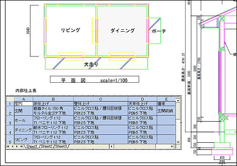 Microsoft Excel で作成した表を図面上に貼り付けた状態